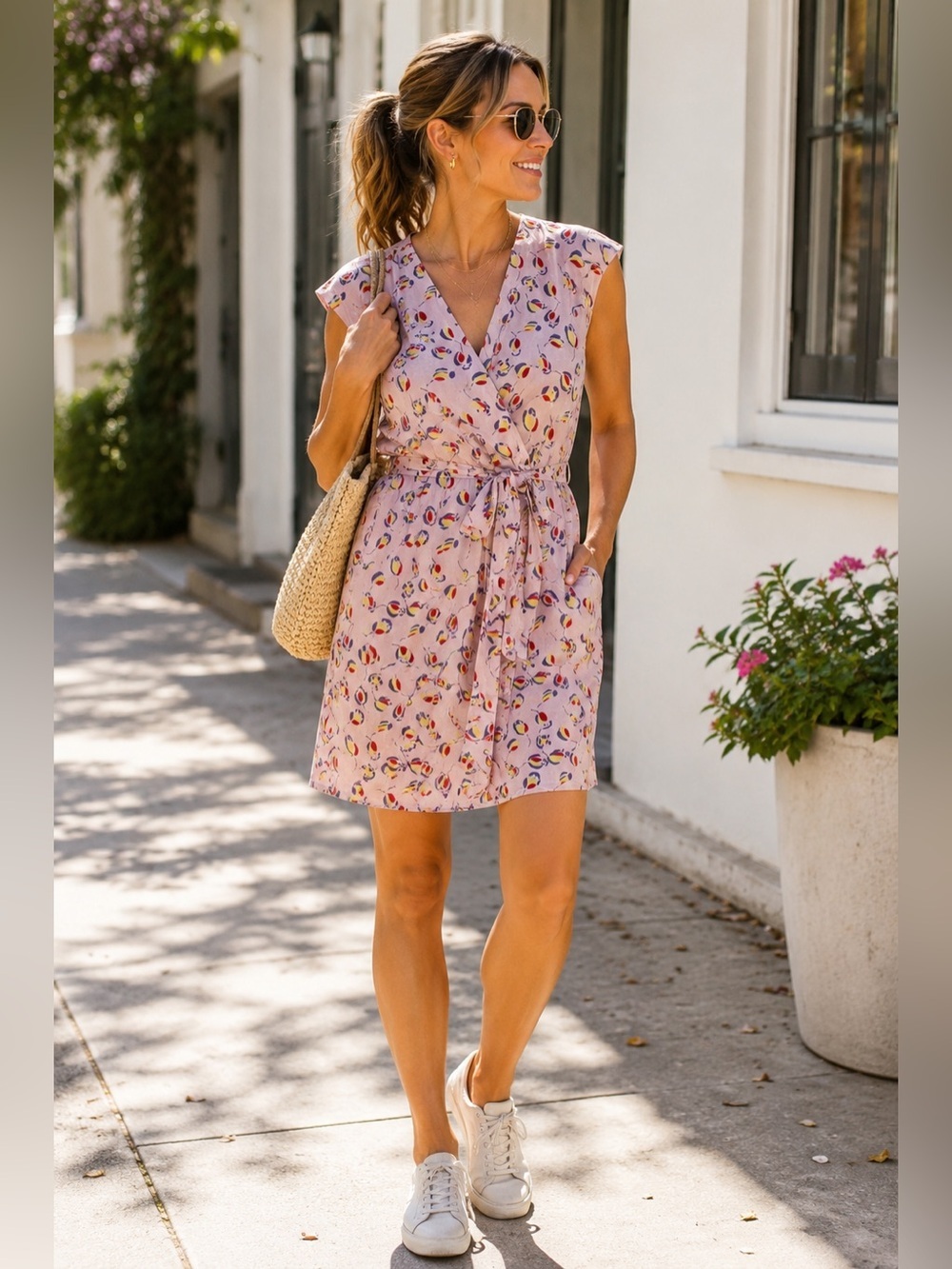 COREY LYNN CALTER Silk Cotton Midi V-Neck Dress Floral Short Sleeve Pockets